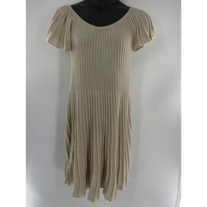 MNG SUIT Knit Sparkle Sheath Dress Beige Metallic Short Sleeve Midi Women Small